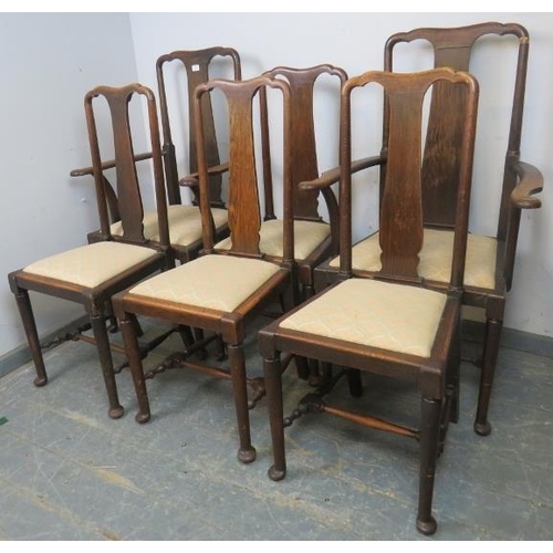 780 - A set of 6 Queen Anne style oak dining chairs, c.1900, comprising two carvers and four singles, drop... 