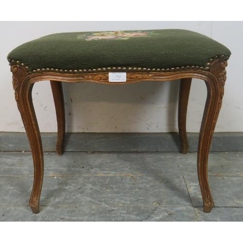 782 - An antique style French fruitwood dressing stool, having a green tapestry seat with brass studs, on ... 