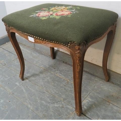 782 - An antique style French fruitwood dressing stool, having a green tapestry seat with brass studs, on ... 