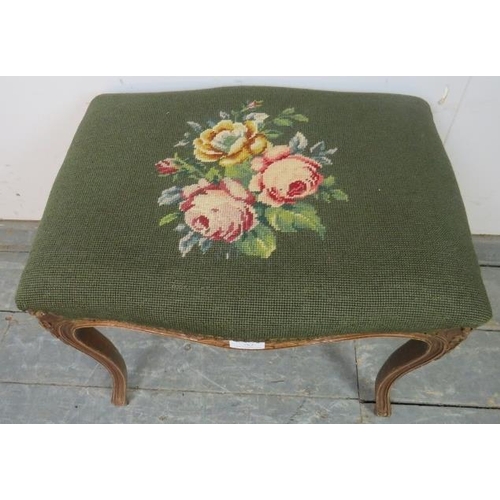 782 - An antique style French fruitwood dressing stool, having a green tapestry seat with brass studs, on ... 