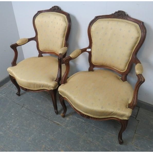 789 - A pair of vintage French Louis XV style carved show-wood open-sided armchairs, upholstered in patter... 