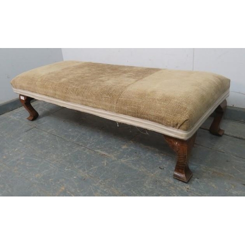 790 - An antique long low rectangular stool raised on solid oak ogee supports, neutral upholstery.
H32cm x... 