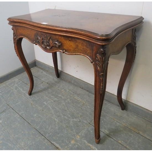 793 - A good 19th century figured walnut serpentine fronted card table, with carved decoration, rear slidi... 