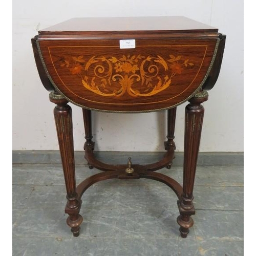 795 - A highly decorative vintage marquetry inlaid & gilt-metal mounted rosewood drop-leaf side table in t... 