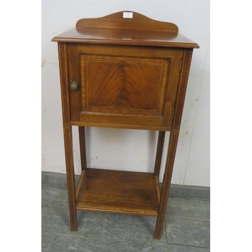 798 - An Edwardian style satinwood banded & boxwood strung mahogany bedside cabinet, cupboard door above u... 