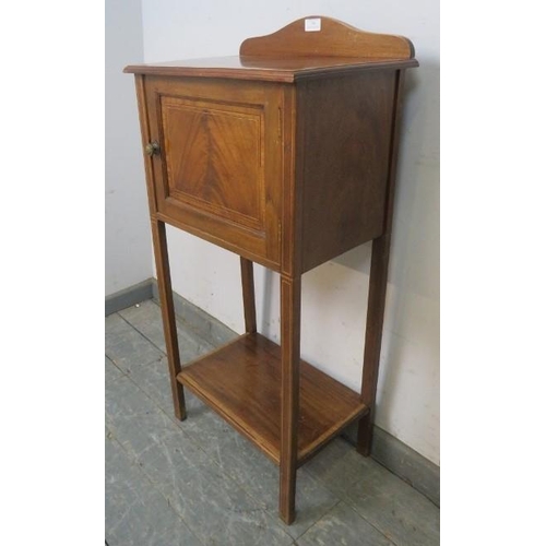 798 - An Edwardian style satinwood banded & boxwood strung mahogany bedside cabinet, cupboard door above u... 