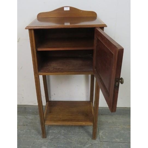 798 - An Edwardian style satinwood banded & boxwood strung mahogany bedside cabinet, cupboard door above u... 