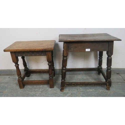 800 - Two vintage oak joint stools in the 17th century style, one with chisel-carved frieze, both on turne... 