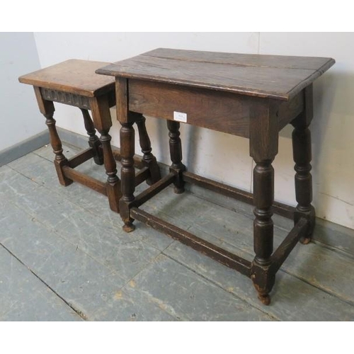 800 - Two vintage oak joint stools in the 17th century style, one with chisel-carved frieze, both on turne... 