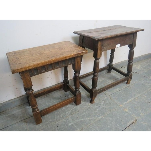 800 - Two vintage oak joint stools in the 17th century style, one with chisel-carved frieze, both on turne... 