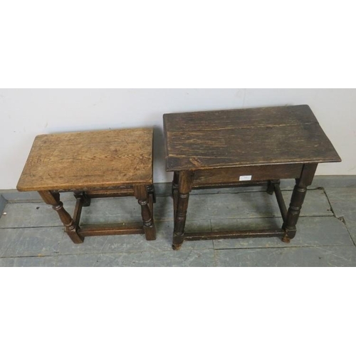 800 - Two vintage oak joint stools in the 17th century style, one with chisel-carved frieze, both on turne... 