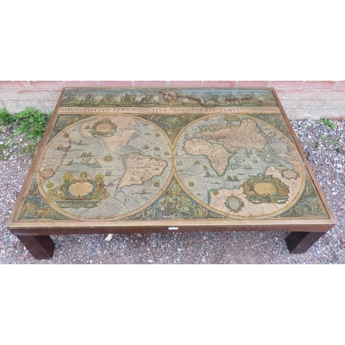 801 - A large vintage mahogany brass bound coffee table, the glass top enclosing a Mappe Mondi (medieval w... 