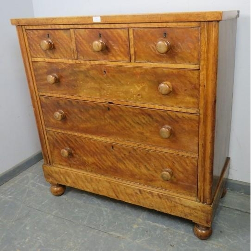 802 - A Victorian satin-walnut veneered straight front chest of 3 short over 3 long graduated drawers, on ... 