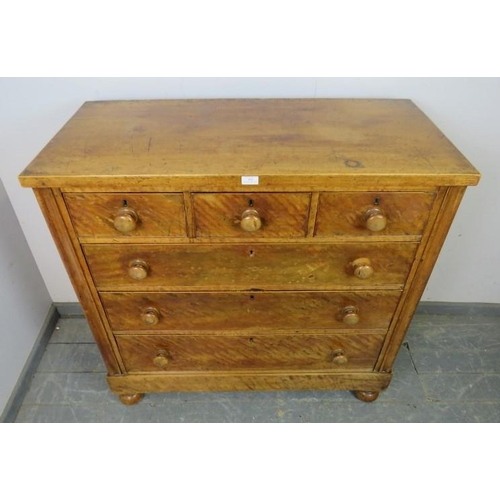 802 - A Victorian satin-walnut veneered straight front chest of 3 short over 3 long graduated drawers, on ... 