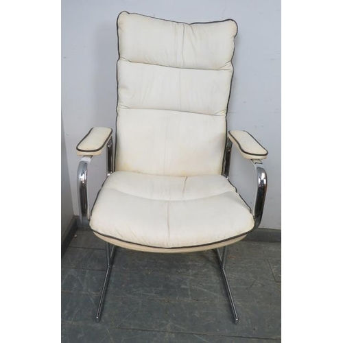 806 - A vintage mid-century desk chair in the manner of Pieff, upholstered in white leather with black pip... 