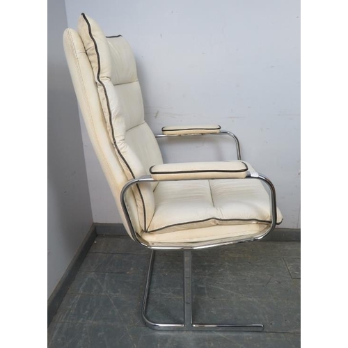 806 - A vintage mid-century desk chair in the manner of Pieff, upholstered in white leather with black pip... 