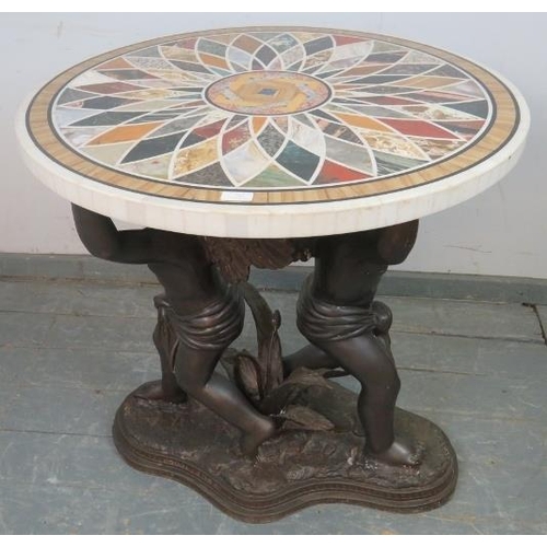 811 - A good quality highly decorative Regency style circular specimen marble table on a figural bronze ba... 