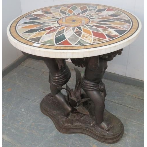 811 - A good quality highly decorative Regency style circular specimen marble table on a figural bronze ba... 