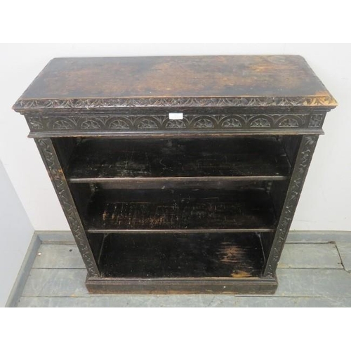 812 - A 19th century carved oak open-front low bookcase in the Flemish taste, 2 adjustable shelves, plinth... 