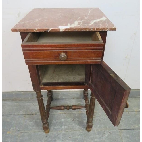 822 - A vintage French fruitwood bedside cabinet with rouge marble top above single drawer and panelled cu... 