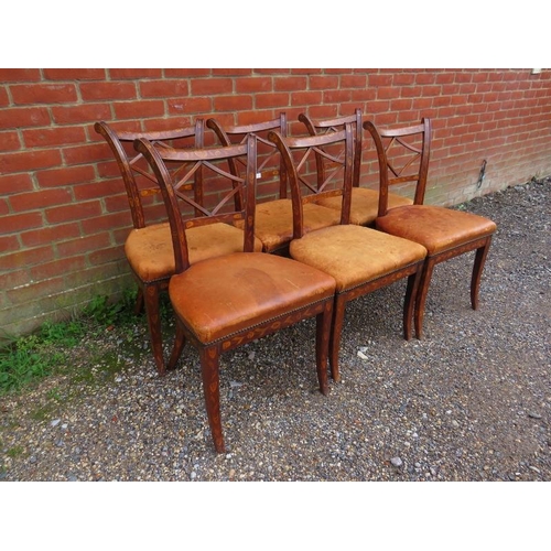 831 - A set of six 19th century Dutch marquetry fruitwood dining chairs, having profuse marquetry inlay, t... 