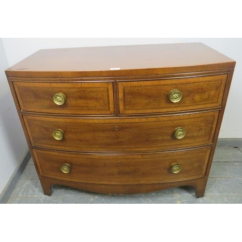 838 - A George III design bow front chest, 20th century with a satinwood banded mahogany effect finish, ha... 