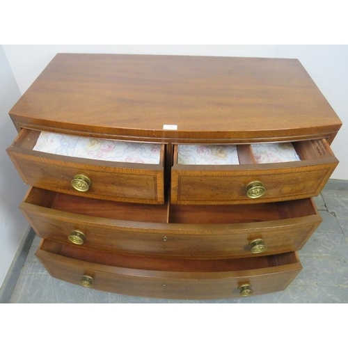 838 - A George III design bow front chest, 20th century with a satinwood banded mahogany effect finish, ha... 