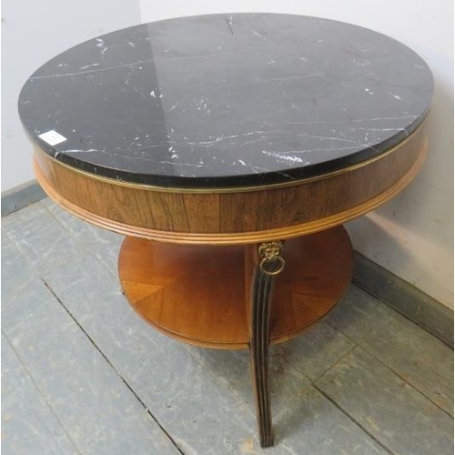 844 - A stylish Regency period design side table, 20th century, the circular marble top on mahogany finish... 