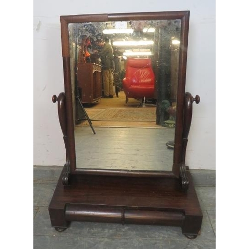 861 - A 19th century mahogany gentleman’s swing vanity mirror, on a box base housing two short cylinder fr... 