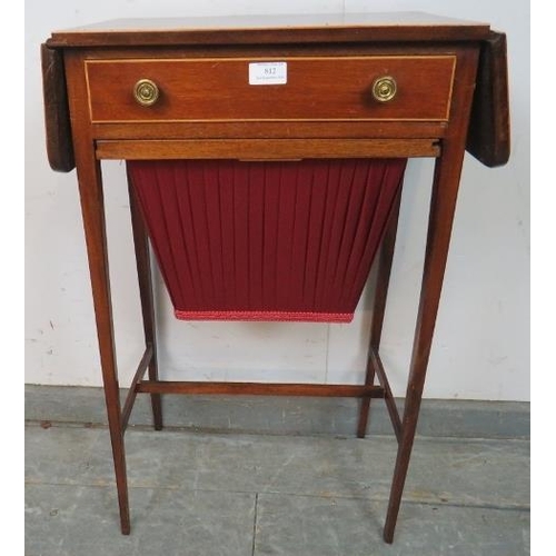 882 - An Edwardian mahogany drop-leaf worktable, strung with satinwood, housing one long drawer with press... 