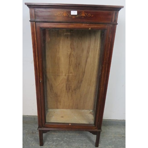 884 - An Edwardian mahogany glazed display cabinet of small proportions, satinwood strung and with marquet... 