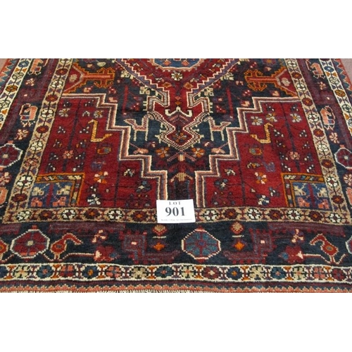 901 - A fine North West Persian Zan Jan rug, central pattern on deep red ground with indigo spandrels. 205... 