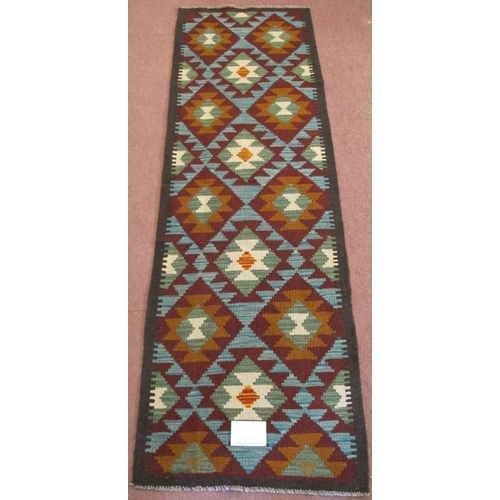 918 - A Maimana Kilim runner, repeat diamond pattern. Good colours and condition. 201cm x 65cm.