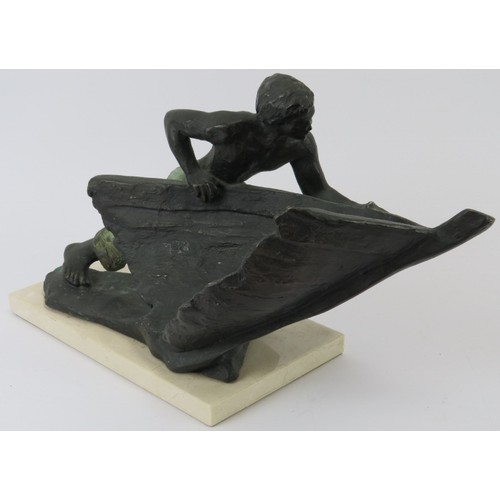 62 - A Lluis Jorda bronzed figural sculpture, Spanish. Signed. Depicting a male sailor pulling the bow of... 