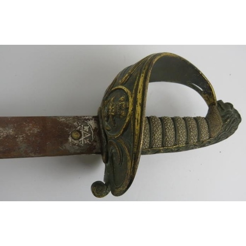 127 - Militaria: A British Naval military sword, 19th century. With wire bound shagreen grip, gilt metal g... 