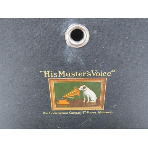 137 - A vintage His Masters Voice (HMV) portable picnic gramophone, circa 1930’s. With a disc holder to th... 