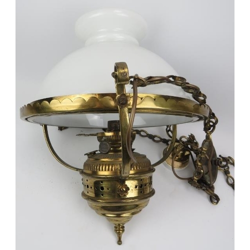 140 - A vintage brass and opaque white glass hall ceiling lantern, 20th century. Gas lamp converted to ele... 