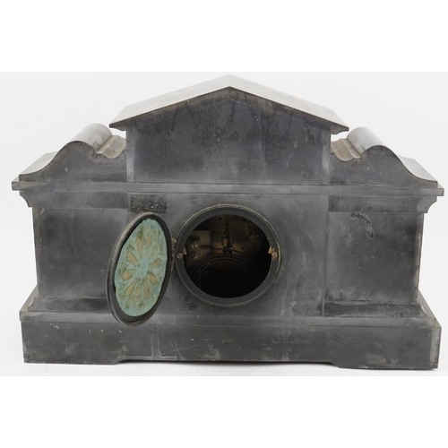 156 - A Victorian black slate and marble mantel clock. The case applied with black painted bronze Neoclass... 