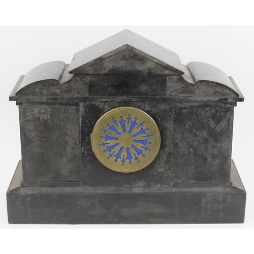 157 - A Victorian black slate and marble mantel clock. The case featuring Tuscan columns in marble with en... 