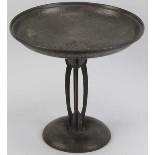 169 - An Arts & Crafts spot hammered pewter tazza. Marked ‘Hutton Sheffield  - English Pewter’. 24 cm heig... 