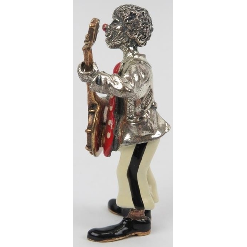 24 - An Italian Sorini enamelled and parcel gilt silver figure of a clown with banjo, 20th century. Struc... 