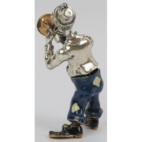 28 - An Italian Sorini enamelled and parcel gilt silver figure of a clown with trombone, 20th century. St... 