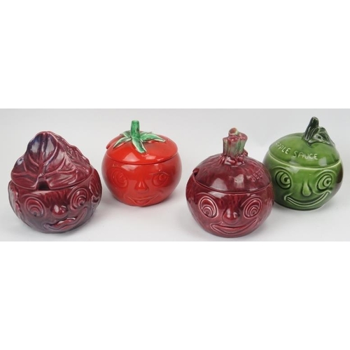 29 - A group of ten novelty Sylvac ceramic fruit and vegetable caricature condiment storage jars and cove... 