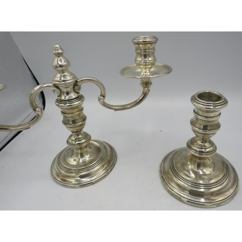 327 - A pair of two branch silver candelabra, London 1968, Mappin & Webb. Approx 7