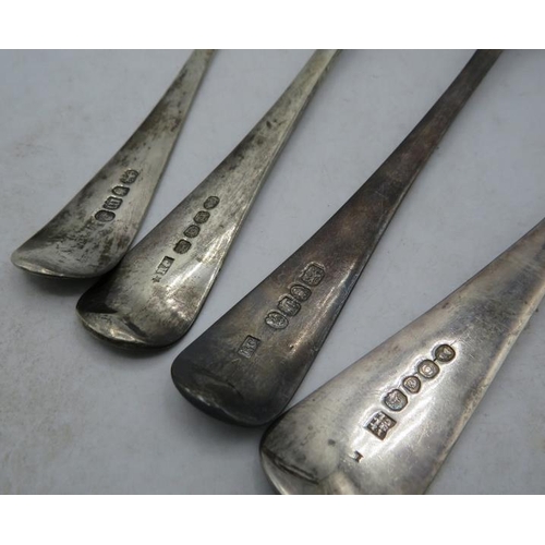 337 - A collection of four Georgian silver table spoons, various London hallmarks. Approx weight 7.6 troy ... 