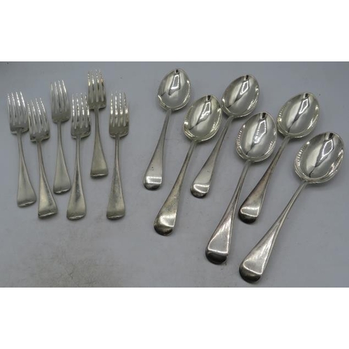 339 - A set of six silver dessert spoons and six dessert forks, London 1891 & London 1892. Approx weight 1... 