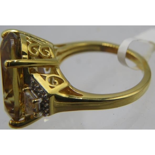 345 - Large 18mm x 13mm oval citrine ring, size O-P. 18k yellow gold vermeil plated, stamped 925. Good cut... 