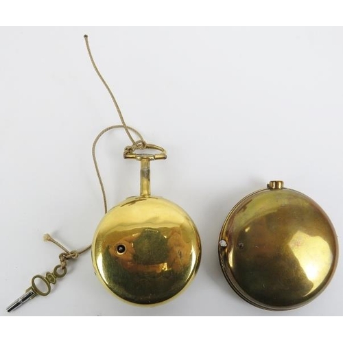 36 - A Georgian pair cased gilt metal pocket watch housed in a domed glass pocket watch stand. With a whi... 