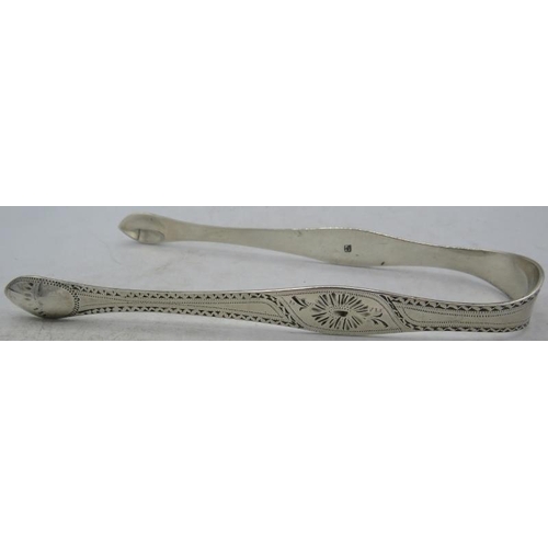 408 - A pair of Georgian silver bright cut sugar tongs, London 1795, Peter & Ann Bateman. Approx weight 1 ... 