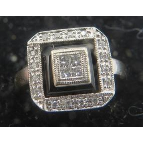 432 - An 18ct white gold & black enamel Art Deco style ring set with 4 brilliant cut diamonds in centre sq... 